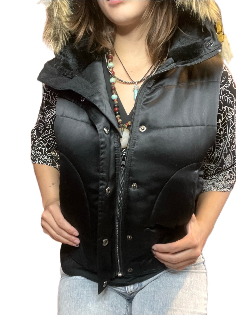 Urban Behavior Black Puffer Vest Hooded Faux Fur Trim Y2K Size S M/L
